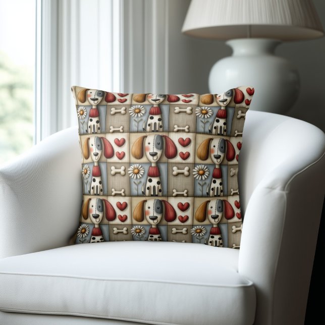 Country Patchwork Dog Pattern Throw Pillow (Creator Uploaded)