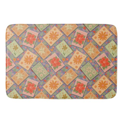 Country patchwork flowers on blue bath mat
