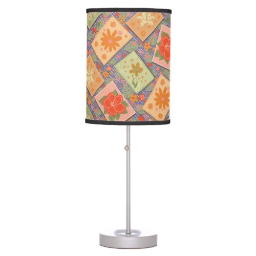 Country patchwork flowers on blue table lamp