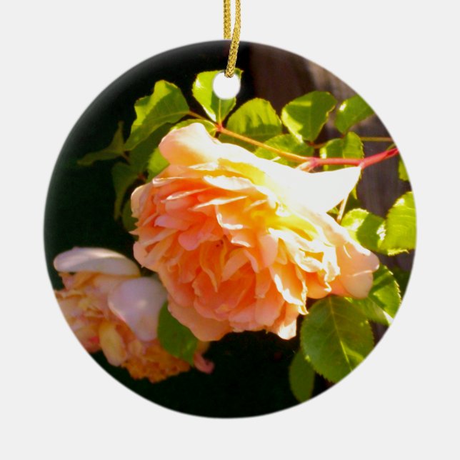 Country Peach Roses Ceramic Ornament (Front)
