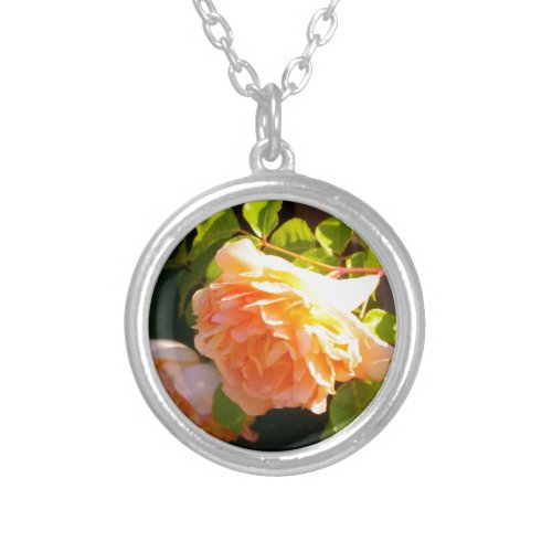 Country Peach Roses Silver Plated Necklace