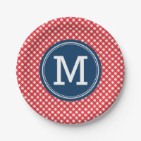 Country Picnic Red Gingham Personalize Monogram Paper Plate