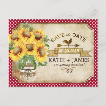 Country Picnic Sunflower Gingham Save The Date Announcement Postcard by NouDesigns at Zazzle