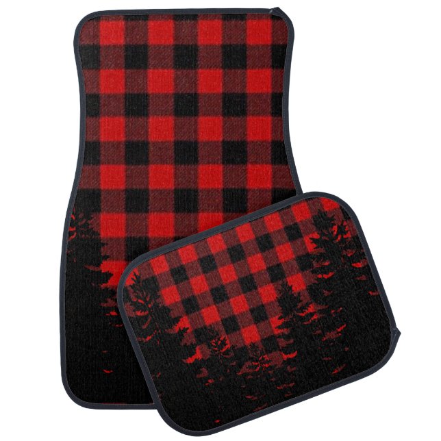 Country pine trees, red black buffalo plaid    car floor mat (Set)