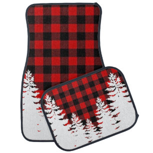 Country pine trees, red black buffalo plaid    car floor mat