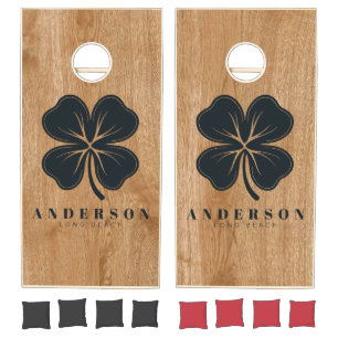 Country Pine Wood Four Leaf Clover with Name Cornhole Set