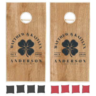 Country Pine Wood Irish Lucky Clover Wedding Crest Cornhole Set
