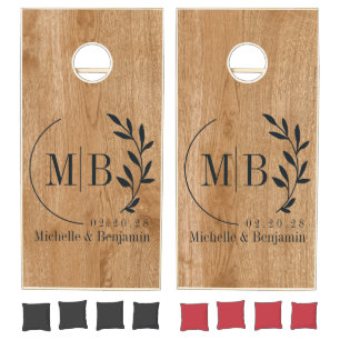Country Pine Wood Leaf Wedding Monogram Cornhole Set