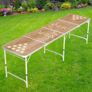 Country Pine Wood Modern Leaf Wedding Monogram CR Beer Pong Table