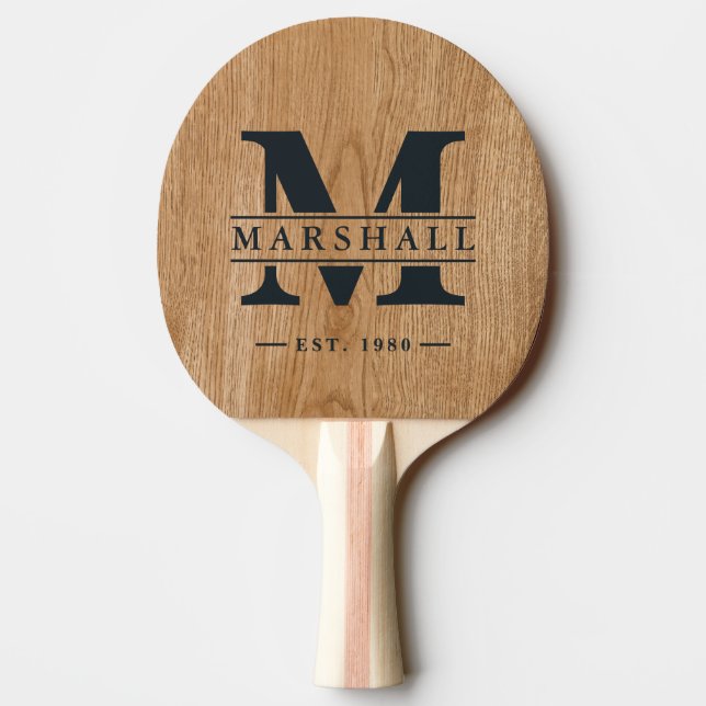 Country Pine Wood Monogram & Name Overlay Ping Pong Paddle (Back)