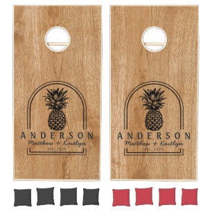 Country Pine Wood Pineapple Wedding Arch & Name Cornhole Set