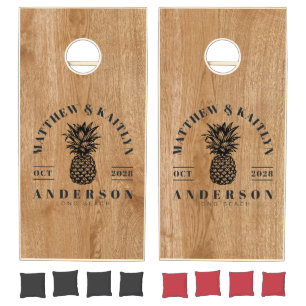 Country Pine Wood Tropical Pineapple Wedding Crest Cornhole Set