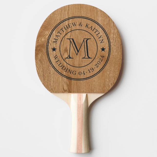 Country Pine Wood Wedding Monogram Star Ping Pong Paddle (Front)