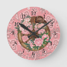 Country Pink Flower Hat Wagon Wheel Wall Clock