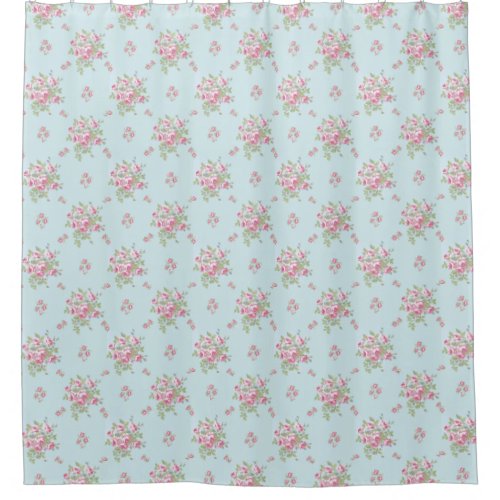 Country Pink Flowers on Blue Shower Curtain