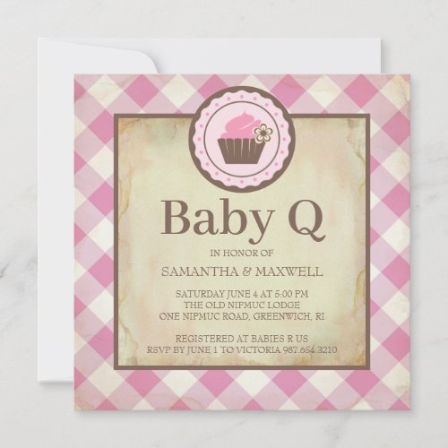 Country Pink Gingham and Cupcake Baby Q Picnic Invitation