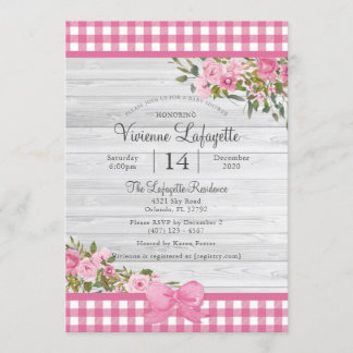 Country Pink Gingham Floral Baby Shower Invitation