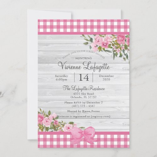 Country Pink Gingham Floral Baby Shower Invitation