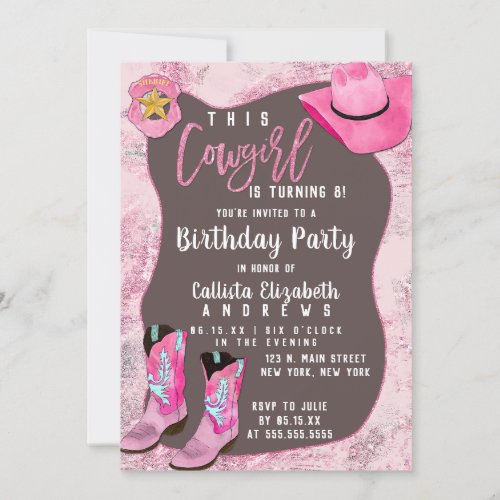 Country Pink Glitter Cowgirl Childrens Birthday Invitation
