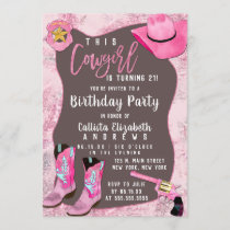 Country Pink Glitter Cowgirl Watercolor Birthday Invitation