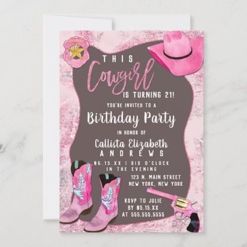 Country Pink Glitter Cowgirl Watercolor Birthday Invitation