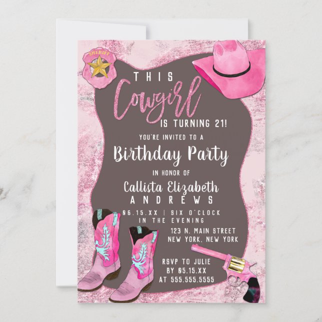 Country Pink Glitter Cowgirl Watercolor Birthday Invitation (Front)