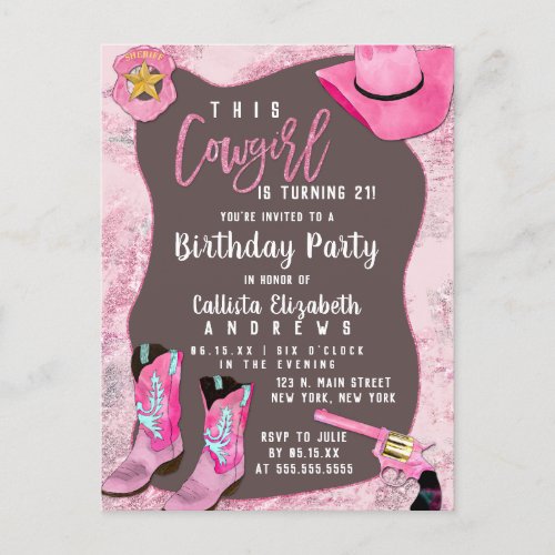 Country Pink Glitter Cowgirl Watercolor Birthday Invitation Postcard