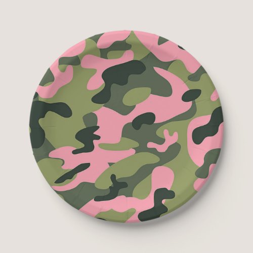 Country Pink Green Army Camo Camouflage Birthday Paper Plates