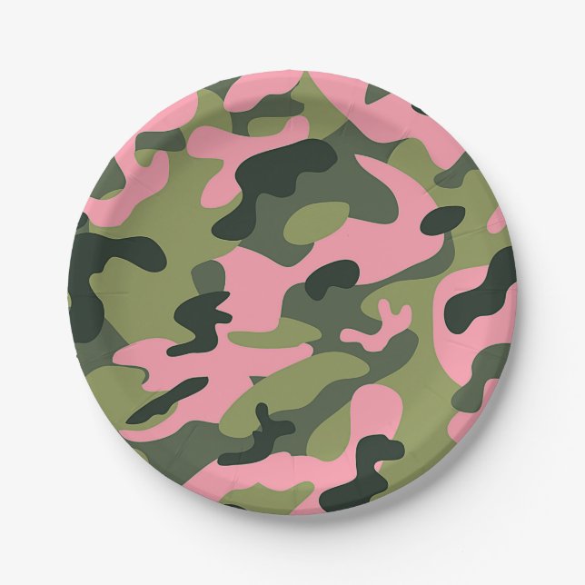 Country Pink Green Army Camo Camouflage Birthday Paper Plates (Front)