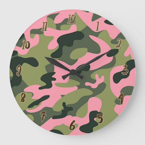 Country Pink Green Army Camo Camouflage Pattern Large Clock