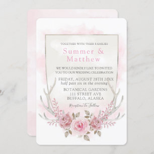 Country Pink Grey Peony Deer Antlers Wedding Invitation