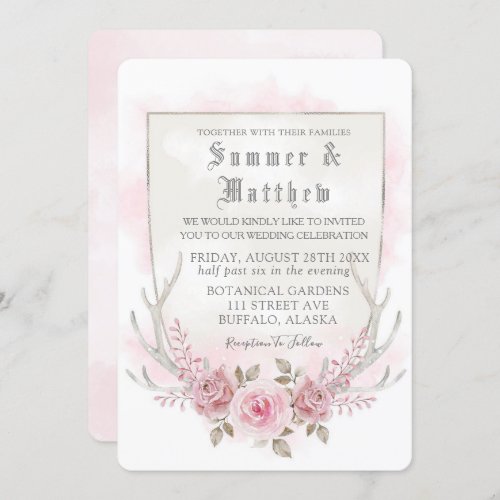 Country Pink Grey Watercolor Peony Antlers Wedding Invitation