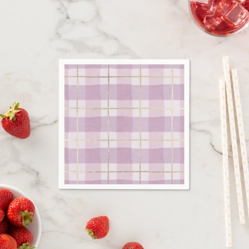 Country pink lavender gold watercolor plaid napkins