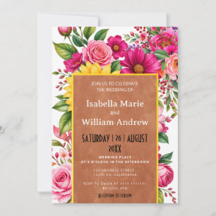 Country Pink Orange Floral Kraft Wedding Invitation