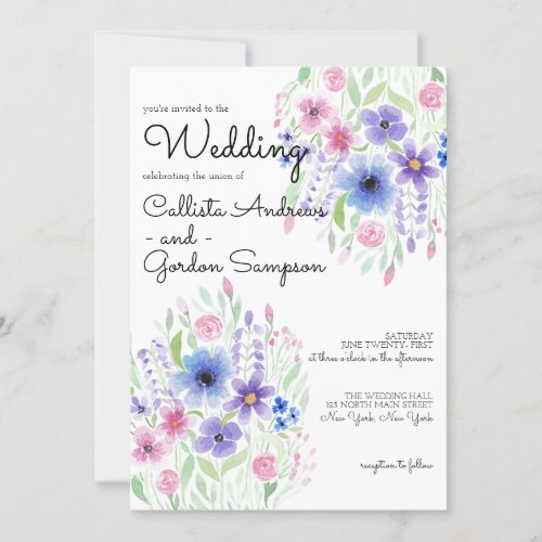 Country Pink Purple Blue Floral Watercolor Wedding Invitation