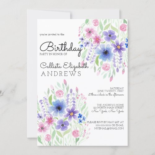 Country Pink Purple Floral Watercolor Birthday Invitation