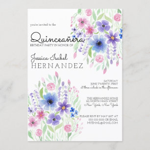 Country Pink Purple Floral Watercolor Quinceañera Invitation