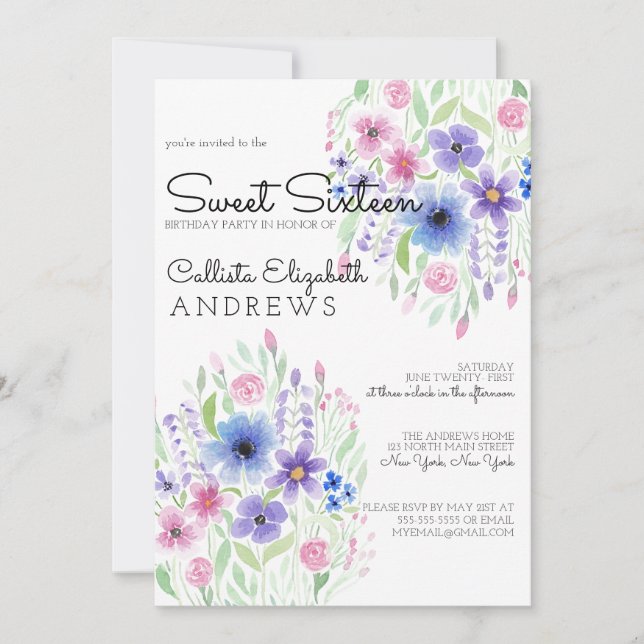 Country Pink Purple Floral Watercolor Sweet 16 Invitation (Front)