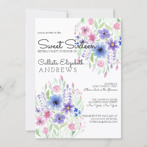 Country Pink Purple Floral Watercolor Sweet 16 Invitation