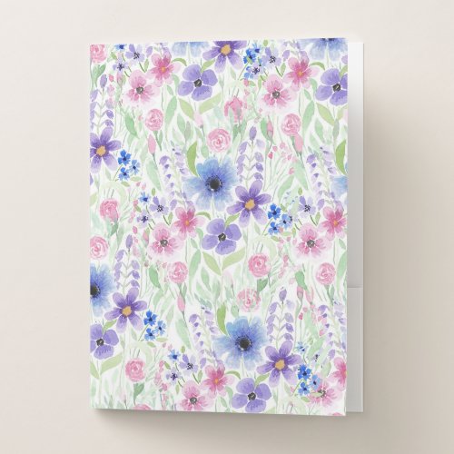 Country Pink Purple Watercolor Flowers Pocket Folder