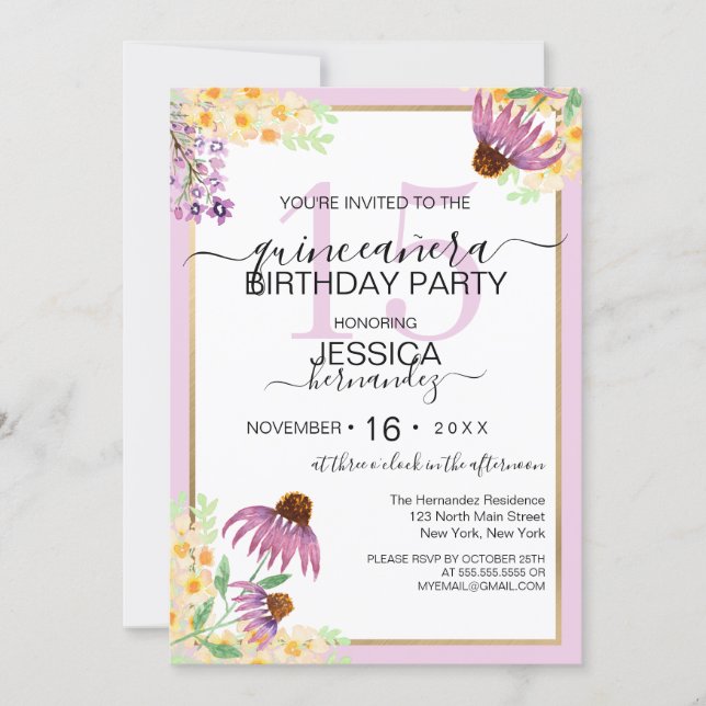 Country Pink Purple Yellow Wild Flower Quinceañera Invitation (Front)