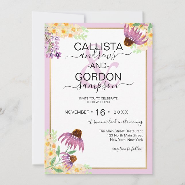 Country Pink Purple Yellow Wild Flowers Wedding Invitation (Front)
