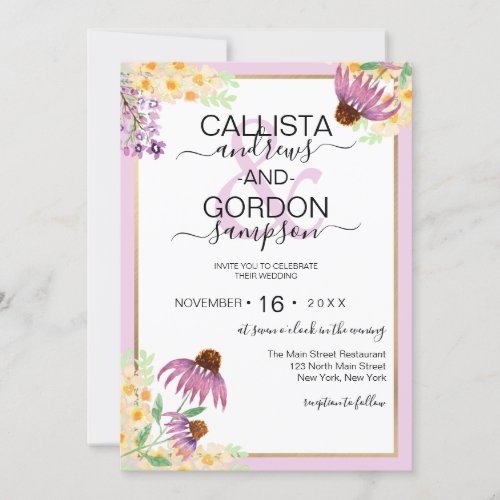 Country Pink Purple Yellow Wild Flowers Wedding Invitation