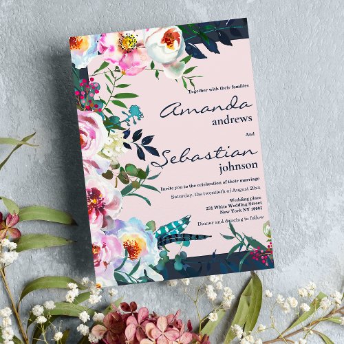Country pink teal lilac Watercolor floral wedding Invitation