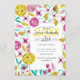 Country Pink Yellow Floral Watercolor Graduation Invitation