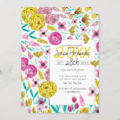 Country Pink Yellow Floral Watercolor Graduation Invitation (Front/Back)
