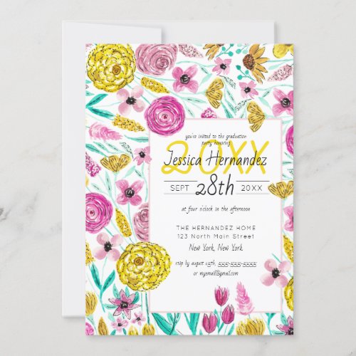 Country Pink Yellow Floral Watercolor Graduation Invitation