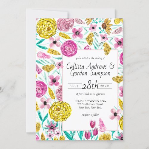 Country Pink Yellow Floral Watercolor Wedding Invitation