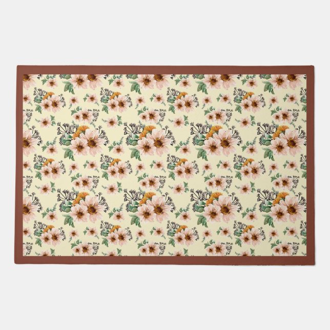 Country Pink, Yellow, Rust Floral Watercolor   Doormat (Front)