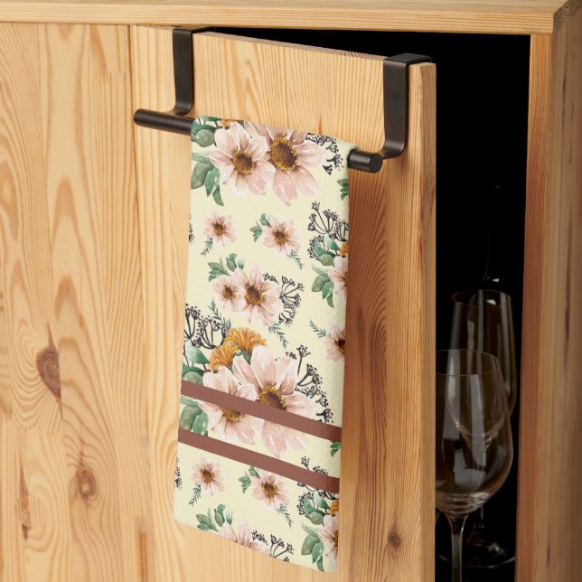 Country Pink, Yellow, Rust Floral Watercolor  Kitchen Towel (Thirds Fold)